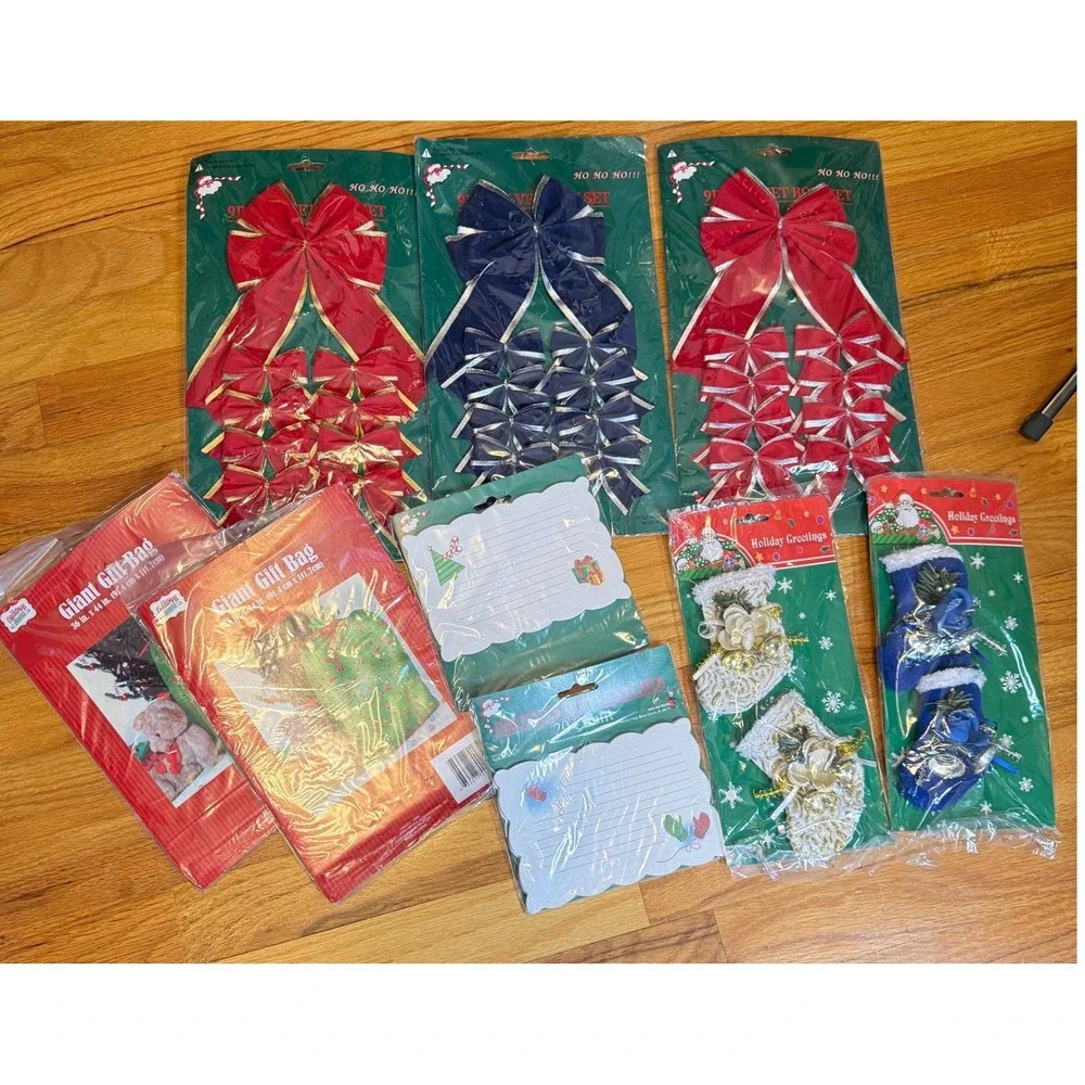 Christmas Gift Wrap Decor Velvet Bows Giant Gift Bags Holiday Recipe Cards Lot